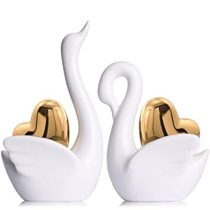 XMGZQ 2pcs White Ceramic Swan Couple Figurines,Elegant Swan with Gold Heart Statue,Wedding Gifts for Couples 2025,Mini Couple Statues Gifts for Newlyweds,Bedroom Dresser Shelf Decor Knick Knacks