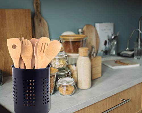 Palais Essentials Stainless Steel Kitchen Utensil Holder - Crock Organizer Caddy - Great For Large Cooking Tools (6.3" Diameter X 7"H, Black With Holes Design) #TOP4
