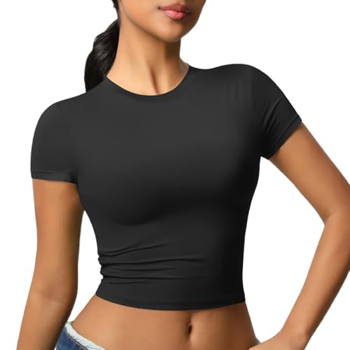 JTSONN T-Shirt de Sport Femmes Manches Courtes Respirante Chemise Fonctionnelle Haut de Course Chemise Compression Col Rond Yoga Fitness Workout Gym Running Crop Top