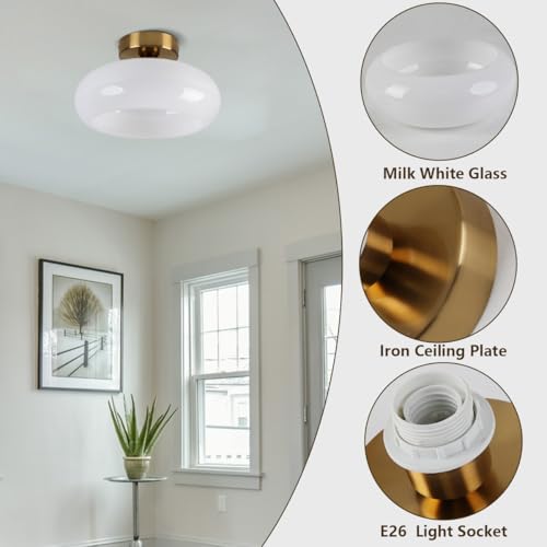 Image of Mid Century Modern Ceiling Light Milk White Glass Globe Flush Mount Ceiling Light 11 inch Brass Close to Ceiling Light Fixtures for Kitchen Bedroom Hallway Closet