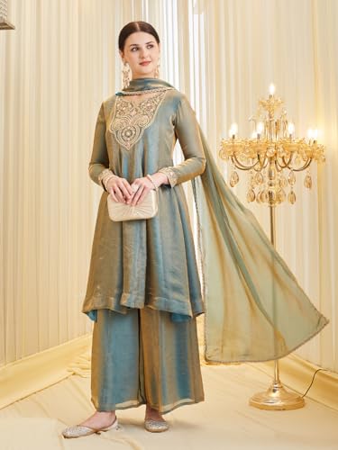 Image of MOKOSH Women's Silk Anarkali Kurta Palazzo with Dupatta | Anarkali Kurti Set | Embroidered | Sweetheart Neck Full Sleeve Ethnic Suit | 3 Piece Outfit