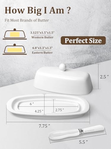 Yedio Ceramic Butter Dish with Lid and Knife for Countertop Refrigerator, 8 Inch White Butter Holder with Porcelain Cover Knob Handle for East West Coast Butter Stick
