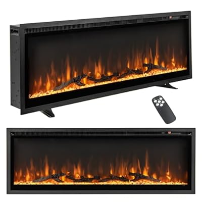 Tangkula 50 Inches Electric Fireplace Inserts, Recessed, Wall Mounted and Freestanding 1500W Slim Fireplace Heater with Remote Control, Adjustable Flame Color & Brightness (50 Inches)