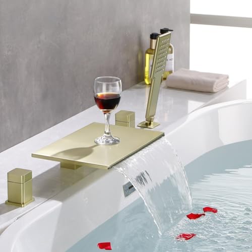 Robinet mitigeur de bain cascade or brossé avec flexible et pommeau de douche