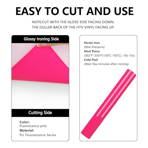 Image of FUNKAKA Fluorescent Pink HTV Heat Transfer Vinyl Rolls, 12 inch x 10ft Neon Pink Iron on Vinyl for All Cutter Machines PU Stretchy HTV Vinyl for T-Shirt Easy to Cut & Weed for Heat Transfer Design
