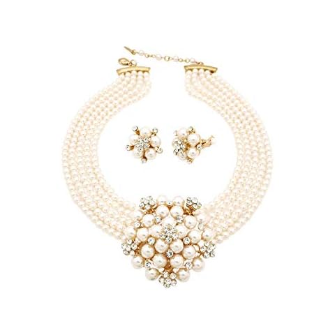 Fashion 21 5 Rows Rhinestone Accented Simulated Floral Pearl Cluster Necklace, Clip on Earring 2 Set (Cream) Cover