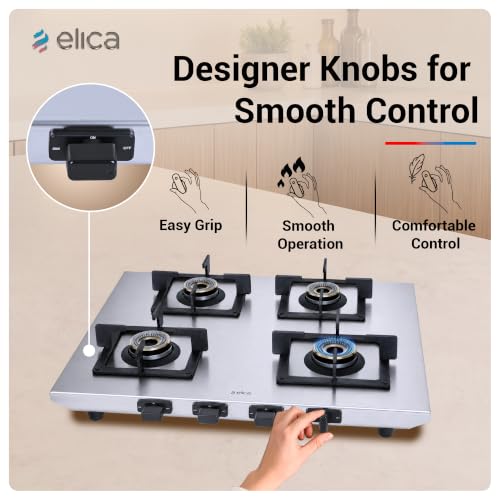 Image of Elica 4 Burner 2mm Stainless Steel Gas Stove | INOX HD 4B 69 SG | 69cm Compact Layout, Forged Brass Burners - 1 Jumbo 1 Medium & 2 Small Burners, Square Grid Pan Support, 2 Yr Warranty