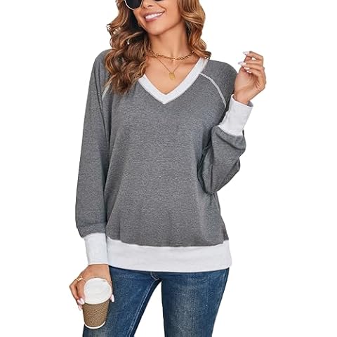 VOBCTY Womens Long Sleeve Sweatshirts V Neck Color Block Cotton Oversize Pullover Lightweight Fall Soft Tops Fashion 2024 Grey S Cover
