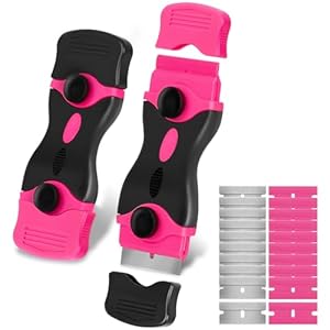 THINKWORK Razor Blade Scraper – Pink Razor Scraper Gift for Women, 2-in-1 Scraper Tool Set with 20Pcs Razor Blades for Removing Window Labels, Decals, Stickers, Glass Stove Top (2 Pack)