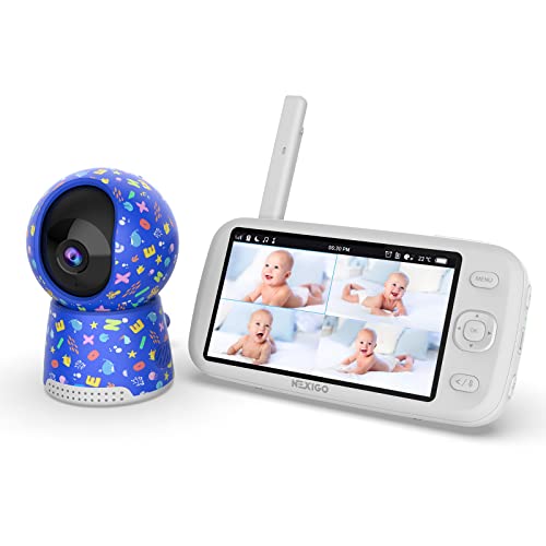 Image of NexiGo Video Baby Monitor with Camera and Audio, 5 Inch Split IPS Screen, Support Up to 4 Cameras, 2-Way Audio, Pan-Tilt-Zoom, 4800mAh Battery, Temperature Detection, Night Vision, Lullaby (Blue)