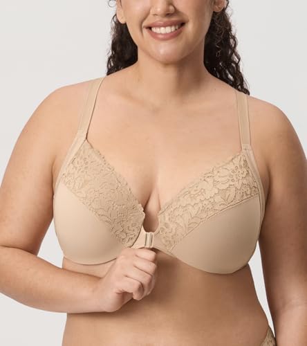 Image of DELIMIRA Women's Front Closure Racerback Bras | Plus Size, Full Coverage, Lace, Underwire, No Padding Unlined