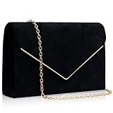 Larcenciel Sac à Main Femme Noir Daim avec Chaîne Amovible, Pochette et Clutch en Format Enveloppe, Pochette Bandoulière Femme Design V avec Bord Métallique, Sac Soiree pour Mariage, Cocktail, Cadeaux