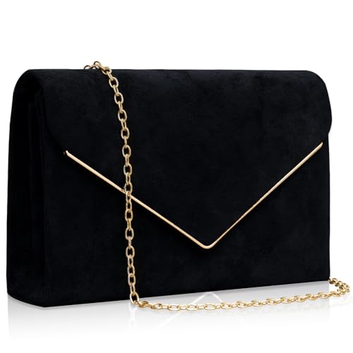 Larcenciel Clutch czarna, aksamitna torebka ze zdejmowanym łańcuszkiem, elegancka zamszowa koperta wieczorowa z kieszenią wielofunkcyjną, modna koperta z zamszu, na wesele, imprezę, 22 x 15 x 5 cm