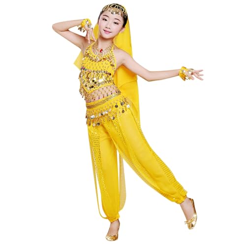 💃 DETTAGLI BRILLANTI E SUONO MAGICO: Il nostro vestito da danza orientale è impreziosito da centinaia di paillettes e monete dorate cucite saldamente, che catturano la ogni movimento. Oltre al bellissimo impatto visivo, le monete producono un suono e ritmico mentre la bambina balla, migliorando l'esperienza 'esibizione (saggio di danza) e rendendo il Costume incredibilmente divertente da indossare. Perfetto per coreografie di gruppo, o assoli.
