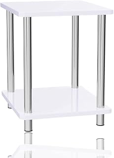 KHAPALWAK 2 Tier Norsk White High Gloss Sofa Side Table Coffee Table With Stainless Steel Legs Nightstand End Table For Living Room Bedroom Home & Office