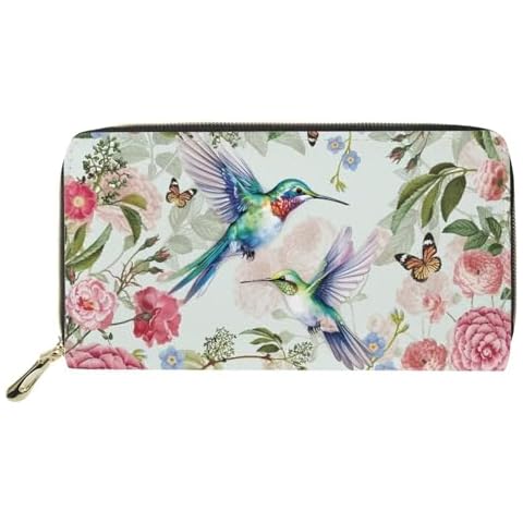 COEQINE Hummingbird Floral Print Wallet Women, Design Wallet for Women Female Leather Zip Closure Coin Purse for Storage Cell Phone Small, Floral Cover