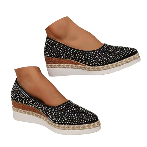 Rhinestones Wedge Shoes for Women 2025 Dressy Espadrilles Wedges Pumps Fashion Closed Pointed Toe Slip On Bling Sparkly Platform Loafers Comfortable Walking Wedding Party Dress Shoes