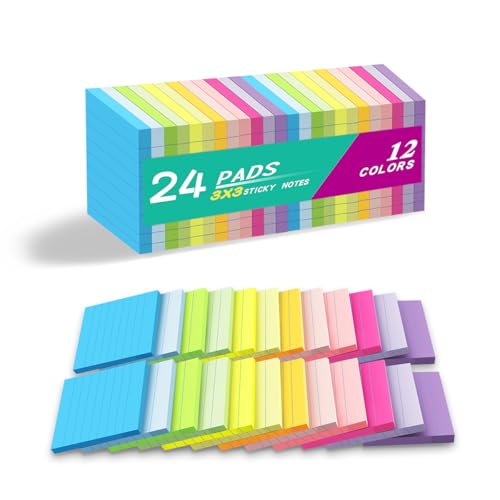 (24 Pack) Lined Sticky Notes 3x3 in,Notepads with Lines,Ruled Stickies Super Sticking Power,Office School Memo Note Pads Bright Colors,Post on Windows Doors,Recyclable,Easy to Write on