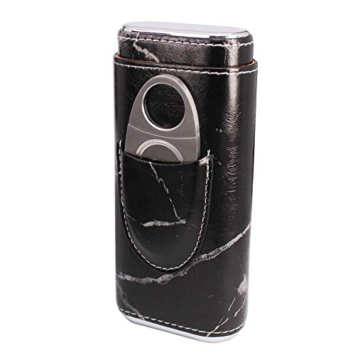Toika Elegant 3 Holder Black Marble Pattern Leather Travel Cigar Case - Cedar Wood Lined Cigar Humidor With Cutter #TOP2