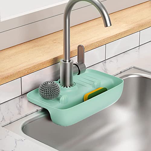 Splash Guard for Kitchen Sink, Silicone TPE Faucet Guard Mat Drain Drying Pad, Bathroom Sink Faucet Mat, Sink Faucet Splash Catcher, Splash Guard Mat for Kitchen, Bathroom, Bar, Farmhouse, RV (Blue)