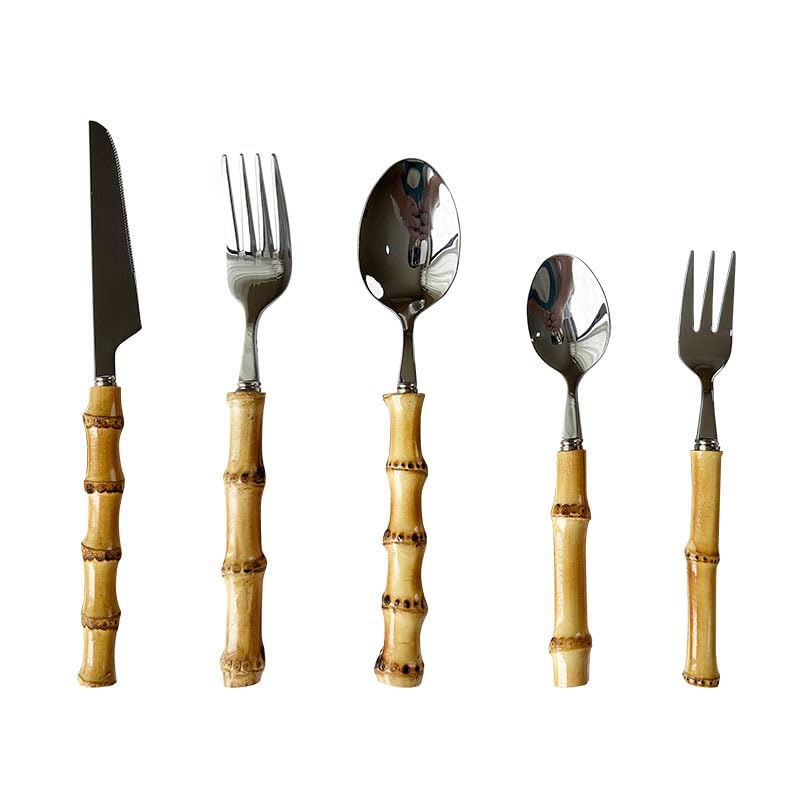 Juego de cubiertos de 5/20/30/40/50/60 piezas, mango de madera de bambú, cubiertos de acero inoxidable, cuchillo creativo para carne, tenedor, cuchara, tenedor, cuchara, tenedor, cuchara