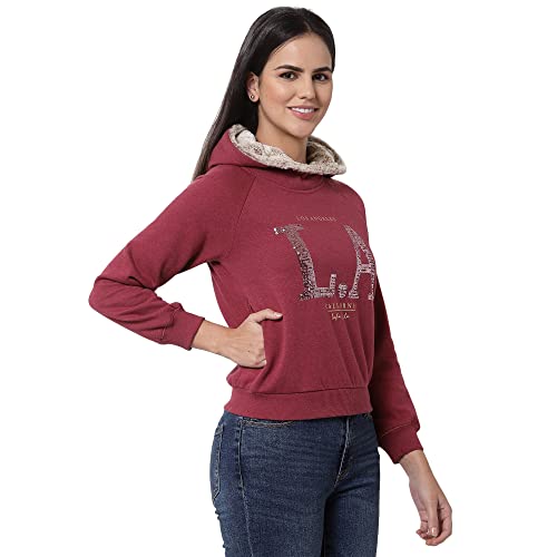 Image of Juelle Women Embellished Brown Hooded Fleece Sweatshirt