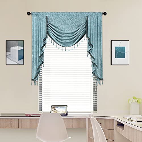 Cenefa de cascada Jacquard con cuentas de lujo, cortinas azules para ventana, cenefa para sala de estar, bolsillo para barra, 1 panel (azul, W39) Cover