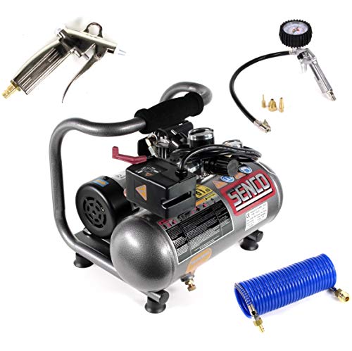 Senco PC 1010 EU Kit complet pneumatique avec compresseur, tuyau spiralé 6 x 9 mm, gonfleur de pneus et pistolet de soufflage