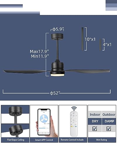 Image of YOUKAIN 52-Inch Smart Ceiling Fan with Lights, App & Remote, Matte Black