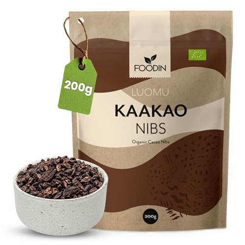 FOODIN Kakao Nibs Bio 200g Ungesüßte Kakaonibs aus Bio Rohkakao Organic Cacao Nibs & Raw Cocoa Nibs für Müsli Smoothies Backen & Vegane Rezepte