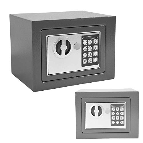 Cajas Fuertes Electrónica de 4,6L, Caja Fuerte Pequeña de Seguridad Con Teclado y 2 llaves de Emergencia, Cajas Fuertes Para Hoteles, El Hogar, Oficina, 23x17x17cm, Gris