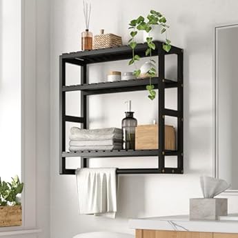 Foto di Bamworld Scaffale da Bagno a 3 Ripiani in Bambù, Organizzatore da Parete Moderno e Salvaspazio per Bagno, Cucina o Ufficio, Nero