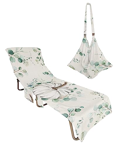 White Chic Pumpkin, Beach Lounge Chair Towel Cover, Soft Chaise Lounge Towel with Side Pockets Patio Pool Chairs Cover for Beach/Pool Sunbathing 29x85 Thanksgiving Fall Greenery Eucalyptus Plant