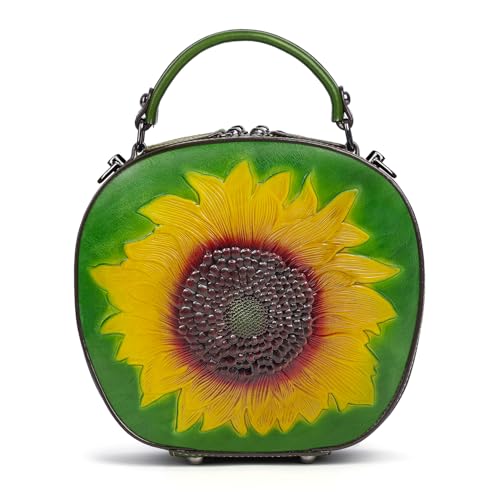 Genuine Leather Vintage Bag for Women: Cowhide Leather Crossbody Purse - Sunflower Embossed Handbag
