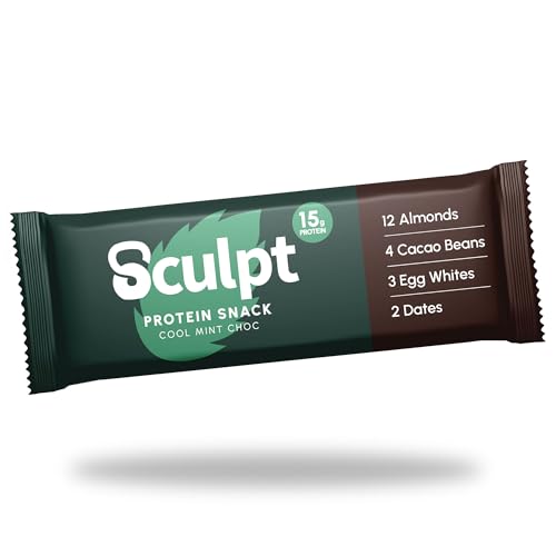 Sculpt Protein Bars Cool Mint Choc - 12 x 55g Bars 15g Protein Packed with Almonds Cacao Nuts Egg Whites Dates High Fibre Snack for Gym Recovery & On-the-Go Energy