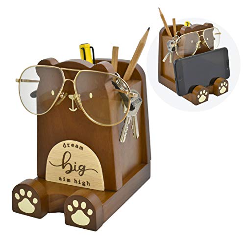 I’m Wood Multipurpose Eyeglass Phone Pen & Pencil Holder Stand Stationery Desk Box Organizer Accessories, Home Office Desktop Decor Birthday Graduation Gifts “Dream Big Aim High”(Bear)