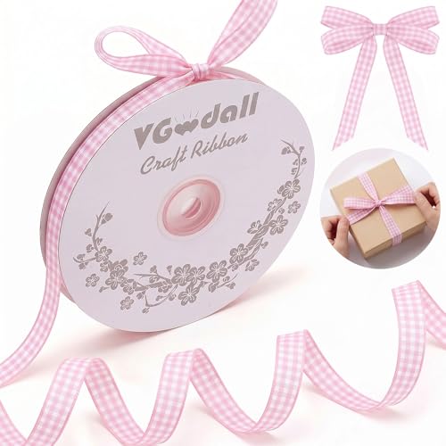VGOODALL Pink Gingham Ribbon 3/8 x 50Yd Pink and White Thin Crafts Ribbon Buffalo Checker Ribbons for Hair Accessories Picnic School and Birthday Gift Wrapping