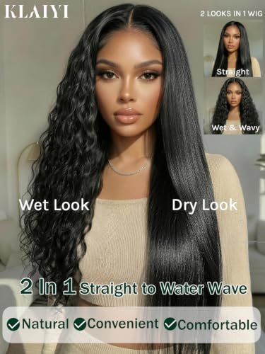 Image of KLAIYI 2 In 1 Straight to Water Wave Glueless 7x5 Lace Wig Human Hair 24 inch