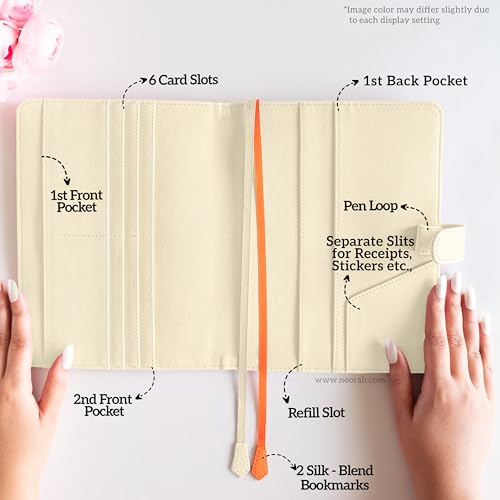 Image of NEORAH-A5 Notebook SLEEVE with SNAP Button + Dotgrid JOURNAL |Faux Leather Sleeve + Penloop|2 Front 1 Back compartment |6 Card Slots|2 BookMarks|Gift Box- Fits any A5 Softcover Notebook - AFTERGLOW