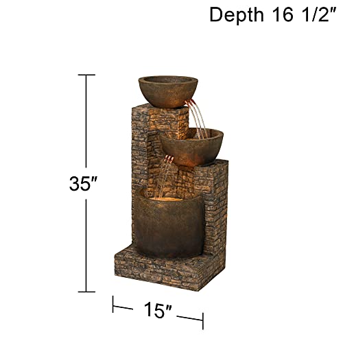 Mason Rustic Outdoor Floor Water Fountain 35" High With Led Light Cascading Three Bowls For Garden Patio Backyard Deck Home Lawn Porch House Relaxation Exterior Balcony Office - John Timberland #TOP3
