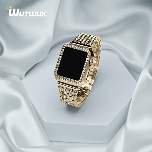 wutwuk Apple Watch 9 Strap 41 mm Gold Women's Compatible with Bracelet Apple Watch 9 8 7 41 mm Diamond Rhinestone Hard PC Protective Frame Ultra Thin Protective Case Women - Image 4