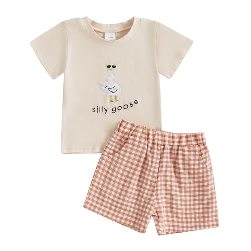 Toddler Baby Boy Girl Goose Clothes Silly Goose Short Sleeve T-Shirt and Plaid Shorts Set 2Pcs Summer Outfits