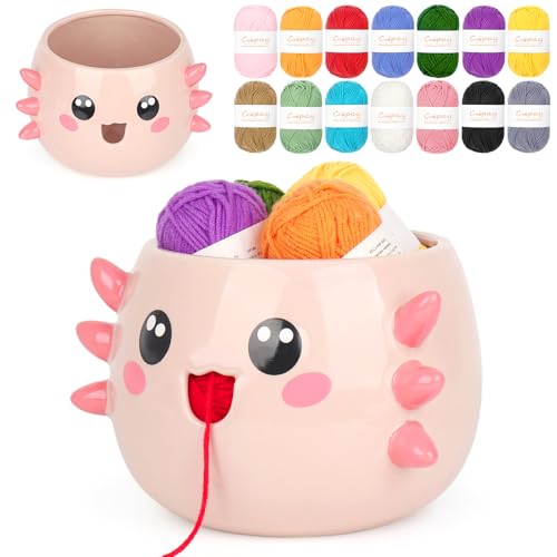Image of Coopay Axolotl Yarn Bowl for Crocheting /Knitting, Cute Bowl with 14 Pcs Yarn, Large Size Crochet Organizer for Beginners