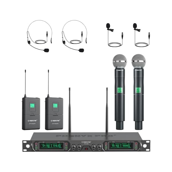 Phenyx Pro Wireless Microphone System, 4-Channel UHF Wireless Mic Set with Handheld/Bodypack/Headset/Lapel Mics, Fixed Frequency Metal Cordless Microphone for Church,Singing,DJ(PTU-5000-2H2B)