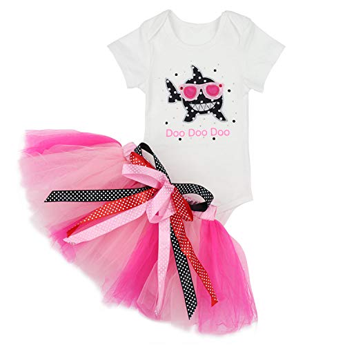 KANGKANG Baby Girls Birthday Shark and Doo Doo Doo Romper + Tutu Dress 1st Birthday Outfit Set 12-18 Months Pink