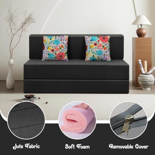Image of Rosebell Foldable Two Seater Sofa Cum Bed, Sofa Bed 4X6 Feet, Jute Fabric- with Cushion Perfect for Home & Office - Black-Color