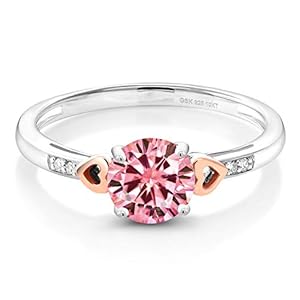 Gem Stone King 925 Sterling Silver and 10K Rose Gold Pink Moissanite and White Diamond Solitaire Engagement Ring For Women (1.03 Cttw, Round 6.5MM, Available in Size 5, 6, 7, 8, 9)