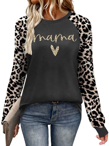 Mama Shirt Women Leopard Mama Letter Printed T-Shirt Mom Life Shirts Long Sleeve Tee Tops (Darkgrey, Medium)
