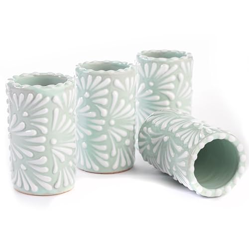 Image of Talavera Shot Glasses Set of 4 Authentic Mexican Tequila Shot Glasses - Hand-painted - 2 Oz (White Brushstroke Mint Background)