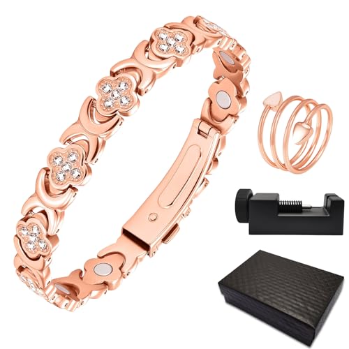LURICO Pulsera Magnética de Cobre, Pulseras de Cobre Ajustables con Potentes Imanes, Diseño Elegante de Trébol de Cuatro Hojas, Tamaño Ajustable, Conjunto de Pulsera y Anillo para Mujer